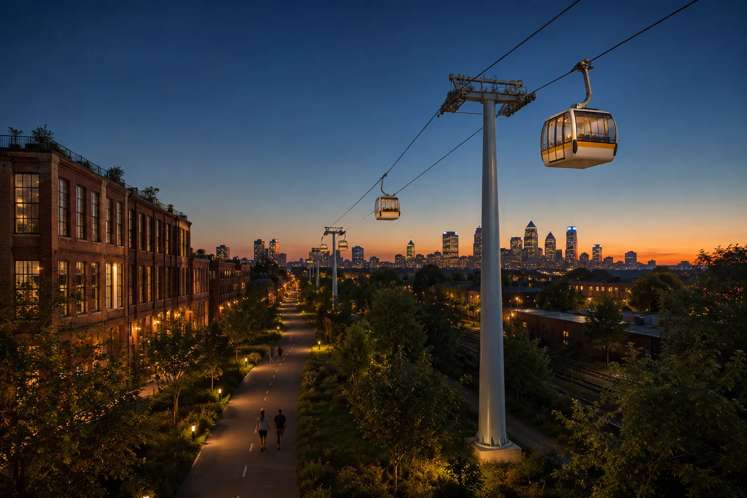 Rendering of the gondola line at dusk above a tree-lined trail, cabins lit warmly from within, with downtown towers glowing in the distance.
