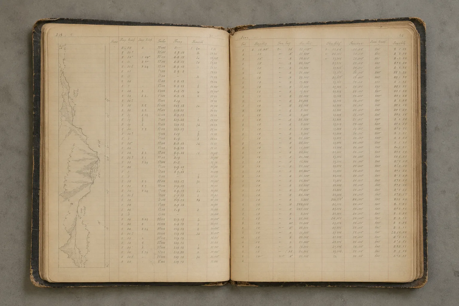 An open bound survey notebook from 1927 photographed flat, ruled pages with pencil entries in a single hand and a small sketched terrain profile.