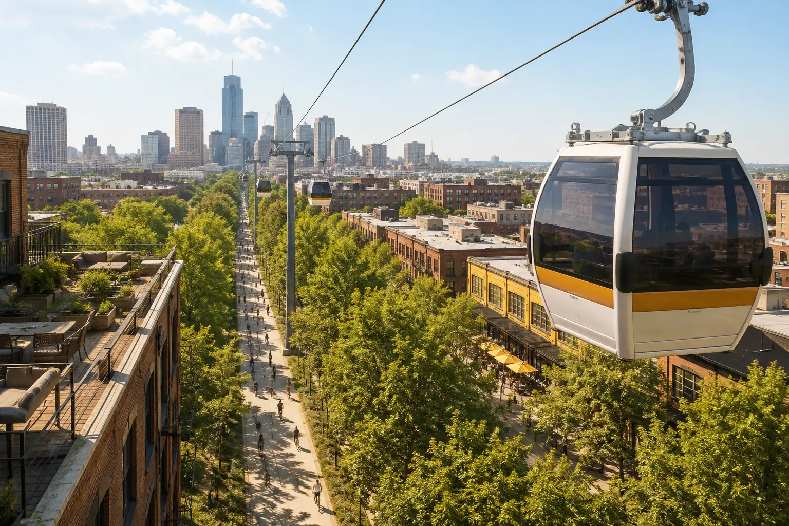 Rendering looking down the Beltline from above: a gondola cabin with an ochre stripe passes in the foreground while the line of towers recedes along a tree-lined trail full of walkers and cyclists, brick warehouses and cafe awnings on either side and the downtown skyline in the distance.