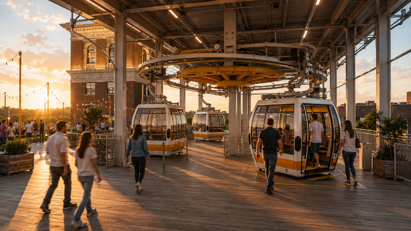 Rendering of a gondola station on a rooftop deck at golden hour: three white cabins with an ochre stripe docked under a steel canopy beside a circular drive wheel, passengers boarding and walking across a timber deck, a brick building and string lights behind.